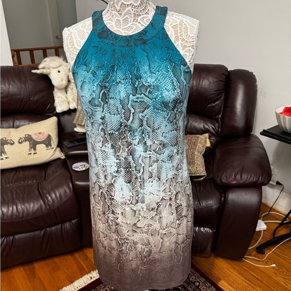 WHBM Blue and chocolate gradient snake prom Halter Midi Dress S